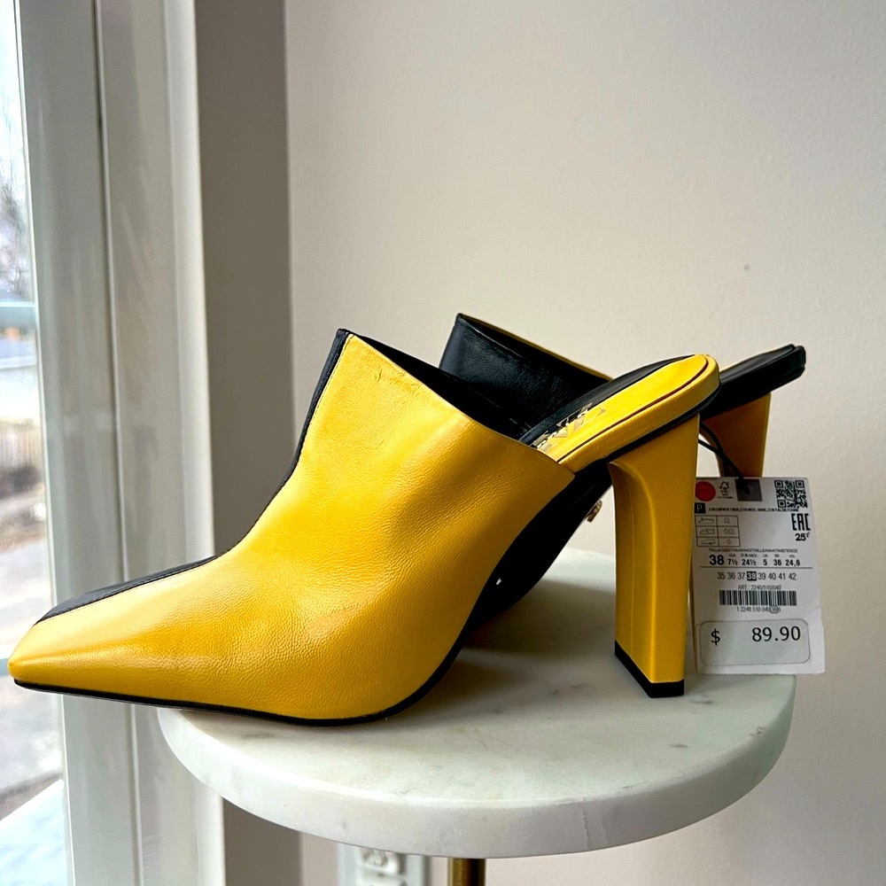 Zara two-tone leather mules in yellow and black NWT